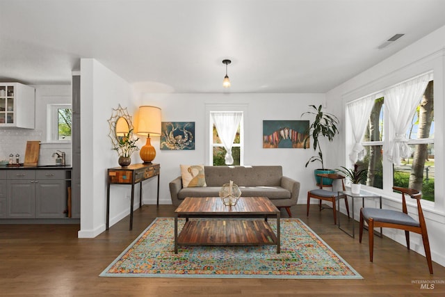 living area with baseboards, dark wood-style floors, and visible vents