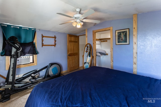 unfurnished bedroom with lofted ceiling, carpet flooring, cooling unit, and ceiling fan