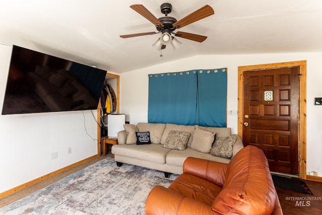 living room featuring lofted ceiling and ceiling fan