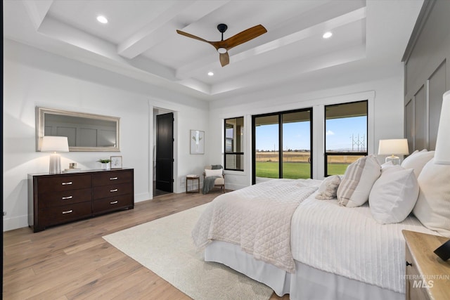 bedroom with beamed ceiling, access to outside, light hardwood / wood-style flooring, and ceiling fan