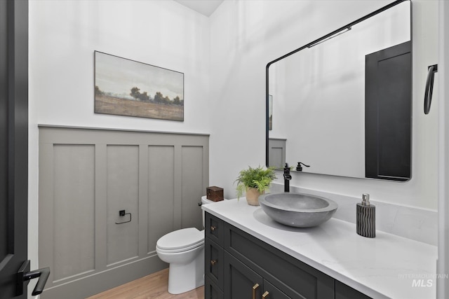 bathroom with vanity, toilet, and wood-type flooring