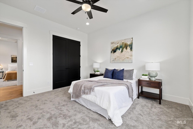 bedroom featuring carpet flooring and ceiling fan