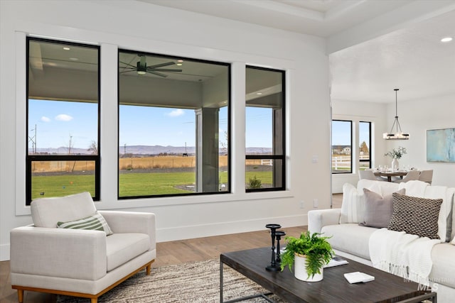 living room with ceiling fan and wood-type flooring