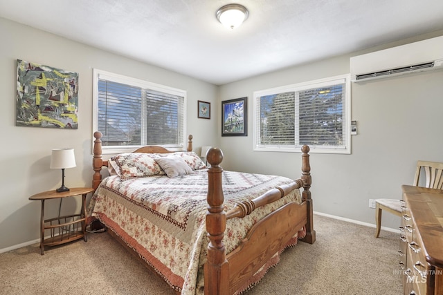 bedroom with multiple windows, carpet floors, and a wall mounted AC