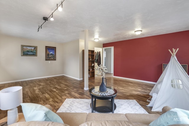 living room with dark hardwood / wood-style floors and track lighting