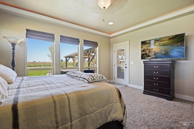 carpeted bedroom with a textured ceiling, crown molding, a raised ceiling, and baseboards