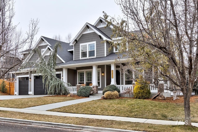 craftsman-style house featuring a porch, a garage, and a front yard