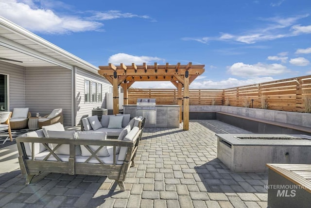 view of patio / terrace with a fenced backyard, area for grilling, an outdoor living space, cooling unit, and a grill