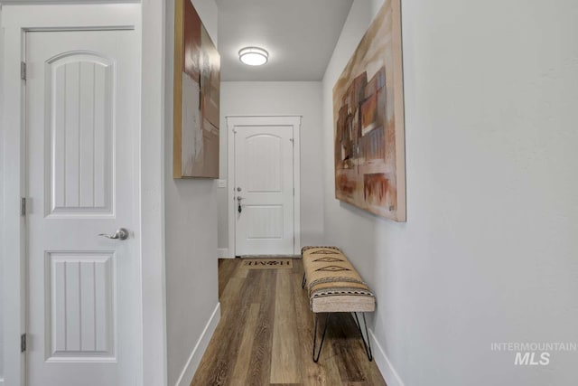 hall featuring dark wood-type flooring and baseboards