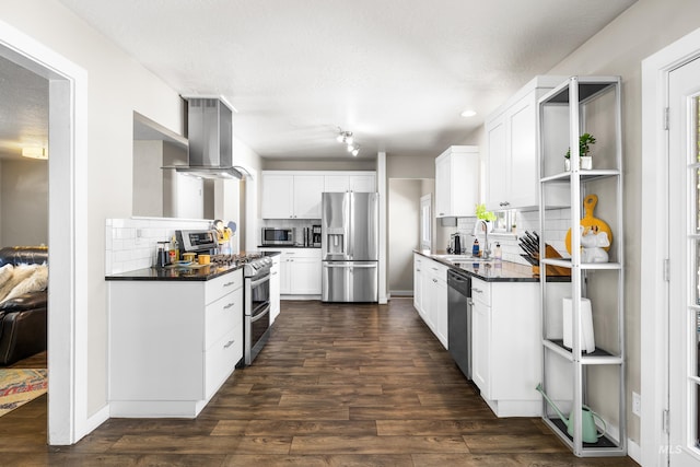 kitchen featuring exhaust hood, dark countertops, tasteful backsplash, a sink, and stainless steel appliances