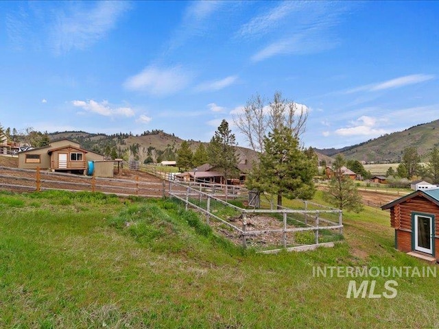 view of yard featuring an exterior structure, an outbuilding, and a mountain view
