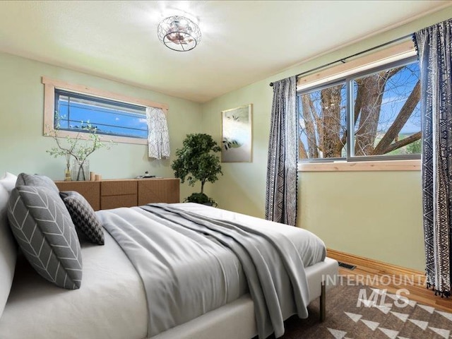 bedroom featuring multiple windows and wood finished floors