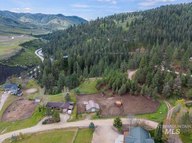 bird's eye view with a view of trees and a mountain view