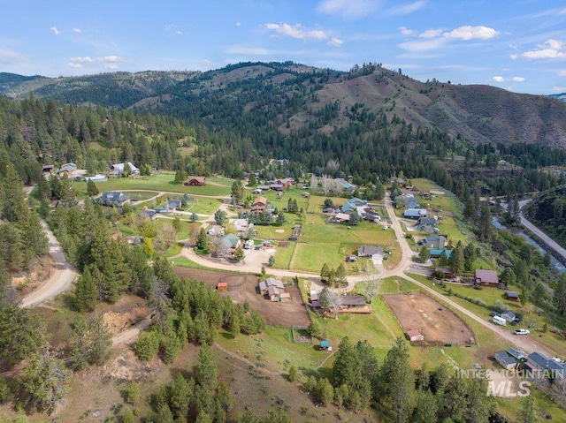 aerial view featuring a forest view and a mountain view