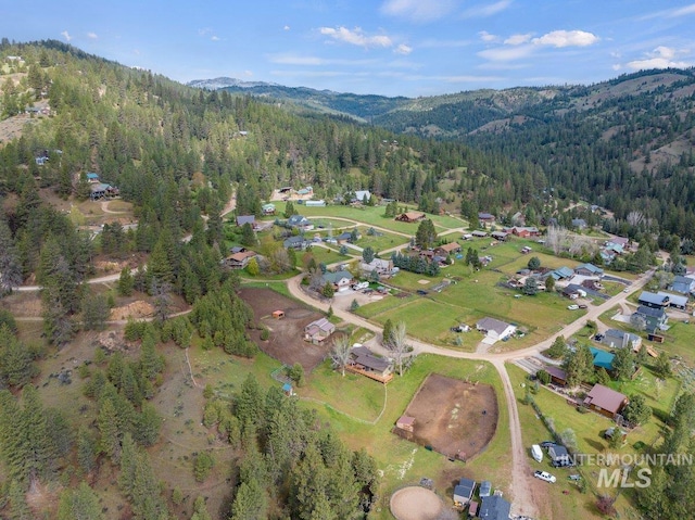 aerial view featuring a view of trees and a mountain view