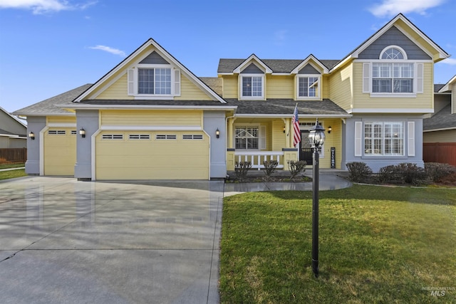 view of front of home with a front lawn, a porch, a garage, and concrete driveway