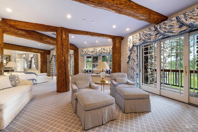 4305 Song Sparrow Ct, Mccall, ID 83638 - living area featuring carpet floors, beamed ceiling, and recessed lighting
