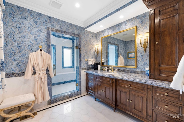 4305 Song Sparrow Ct, Mccall, ID 83638 - bathroom with tile patterned flooring, a shower stall, vanity, ornamental molding, and recessed lighting