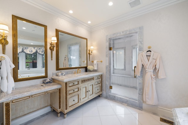 4305 Song Sparrow Ct, Mccall, ID 83638 - full bathroom with crown molding, vanity, a stall shower, tile patterned flooring, and recessed lighting