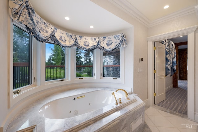 4305 Song Sparrow Ct, Mccall, ID 83638 - full bathroom with a whirlpool tub, tile patterned floors, ornamental molding, and recessed lighting