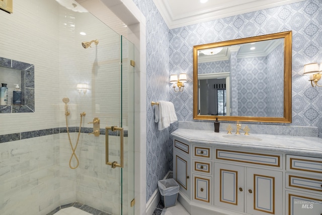 4305 Song Sparrow Ct, Mccall, ID 83638 - bathroom featuring crown molding, a shower stall, and vanity