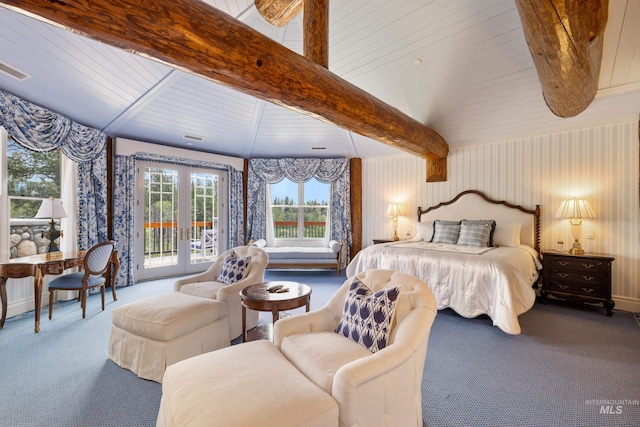 4305 Song Sparrow Ct, Mccall, ID 83638 - carpeted bedroom featuring access to outside, beamed ceiling, and french doors