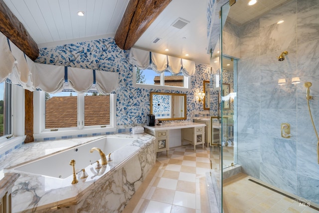 4305 Song Sparrow Ct, Mccall, ID 83638 - bathroom featuring vanity, a shower stall, plenty of natural light, a tub with jets, and beam ceiling