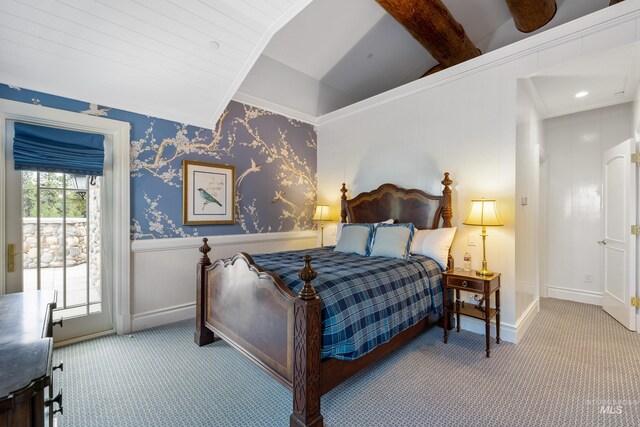 4305 Song Sparrow Ct, Mccall, ID 83638 - carpeted bedroom with vaulted ceiling, access to outside, a wainscoted wall, baseboards, and ornamental molding