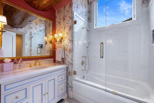 4305 Song Sparrow Ct, Mccall, ID 83638 - bathroom featuring shower / bath combination with glass door, wallpapered walls, and vanity