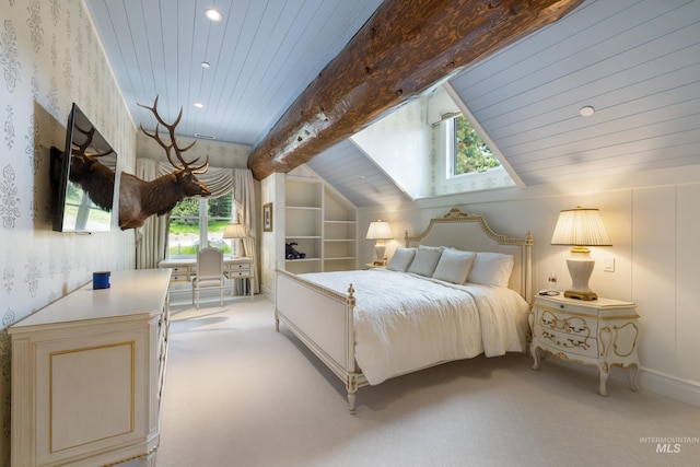 4305 Song Sparrow Ct, Mccall, ID 83638 - bedroom with wallpapered walls, wood ceiling, light colored carpet, recessed lighting, and a skylight