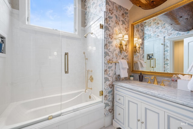 4305 Song Sparrow Ct, Mccall, ID 83638 - bathroom featuring shower / bath combination with glass door, wallpapered walls, and vanity