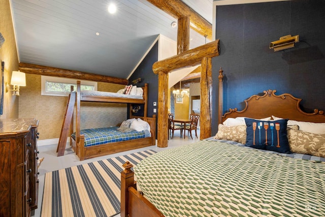 4305 Song Sparrow Ct, Mccall, ID 83638 - bedroom with lofted ceiling, wallpapered walls, and recessed lighting