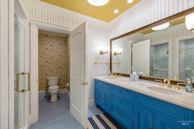 4305 Song Sparrow Ct, Mccall, ID 83638 - full bath with a shower stall, double vanity, ornamental molding, toilet, and finished concrete floors