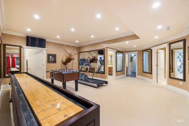 4305 Song Sparrow Ct, Mccall, ID 83638 - game room featuring ornamental molding, recessed lighting, light carpet, and baseboards