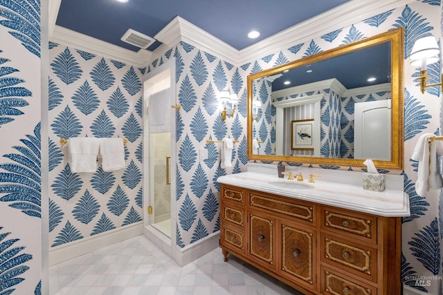 4305 Song Sparrow Ct, Mccall, ID 83638 - bathroom with ornamental molding, wallpapered walls, vanity, baseboards, and a shower stall
