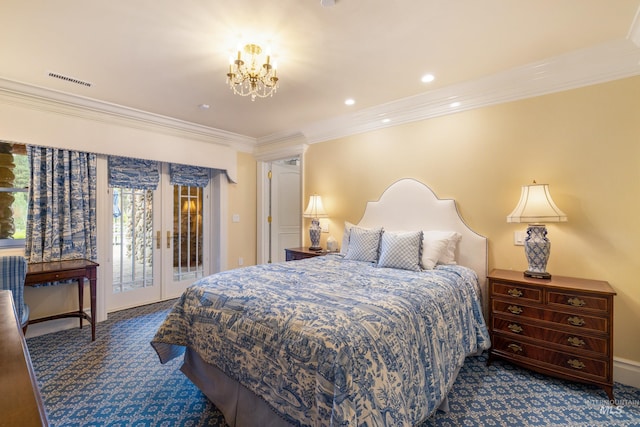 4305 Song Sparrow Ct, Mccall, ID 83638 - carpeted bedroom featuring ornamental molding, french doors, access to exterior, a chandelier, and recessed lighting