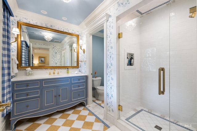 4305 Song Sparrow Ct, Mccall, ID 83638 - full bath with wallpapered walls, toilet, vanity, crown molding, and a shower stall