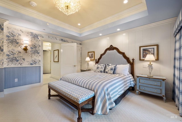 4305 Song Sparrow Ct, Mccall, ID 83638 - bedroom featuring carpet, a chandelier, crown molding, wainscoting, and recessed lighting