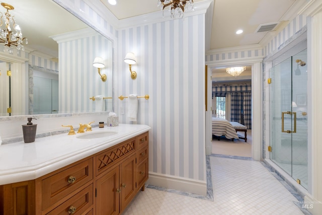 4305 Song Sparrow Ct, Mccall, ID 83638 - full bathroom with ornamental molding, vanity, ensuite bathroom, a stall shower, and baseboards