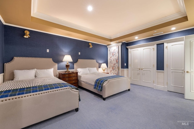 4305 Song Sparrow Ct, Mccall, ID 83638 - carpeted bedroom featuring ornamental molding, a raised ceiling, wainscoting, wallpapered walls, and recessed lighting