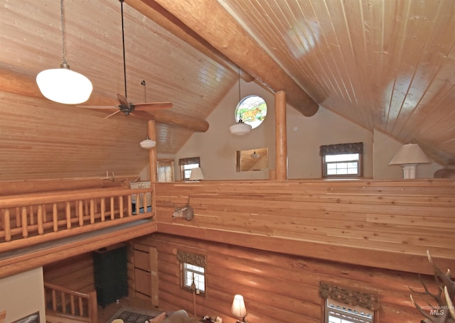 details with beam ceiling, ceiling fan, and wood ceiling