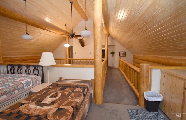 carpeted bedroom featuring wooden ceiling and lofted ceiling with beams