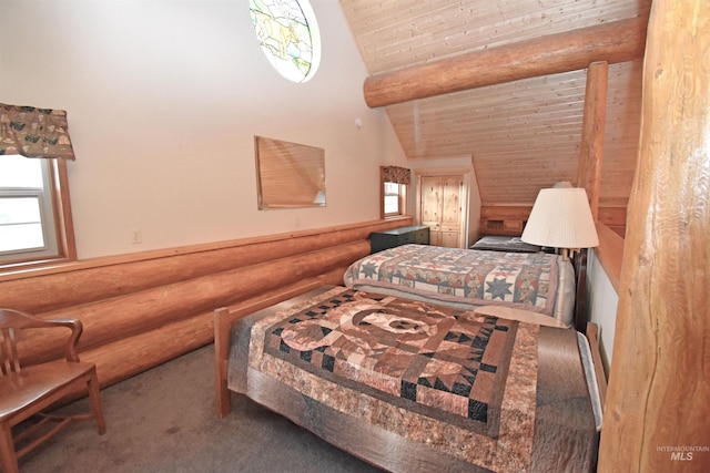 carpeted bedroom featuring vaulted ceiling, rustic walls, and wood ceiling