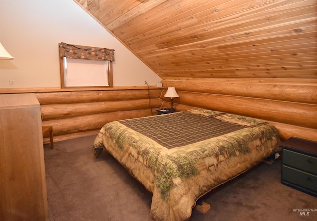 carpeted bedroom featuring wooden ceiling, log walls, and vaulted ceiling
