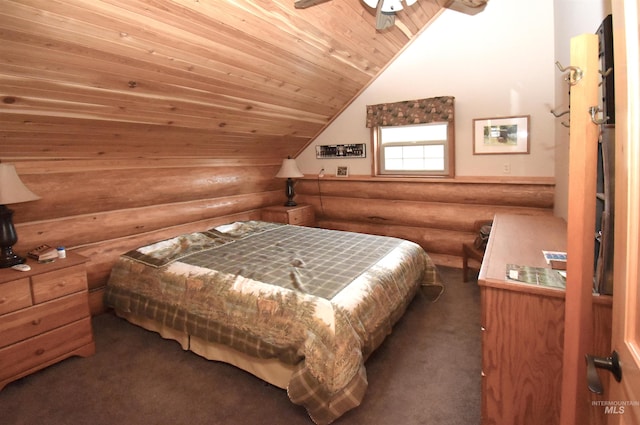 carpeted bedroom with rustic walls, ceiling fan, wood ceiling, and vaulted ceiling