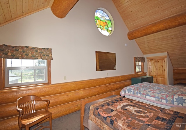 bedroom featuring rustic walls, lofted ceiling with beams, carpet, and wood ceiling