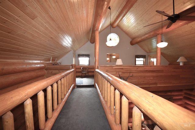 hallway with beam ceiling, high vaulted ceiling, wood ceiling, and dark colored carpet