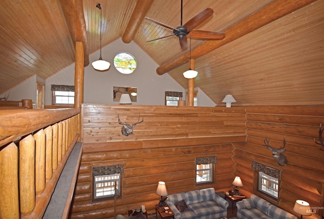 interior space featuring ceiling fan, wood ceiling, rustic walls, and high vaulted ceiling