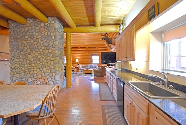 kitchen with log walls, beam ceiling, black dishwasher, and wood ceiling
