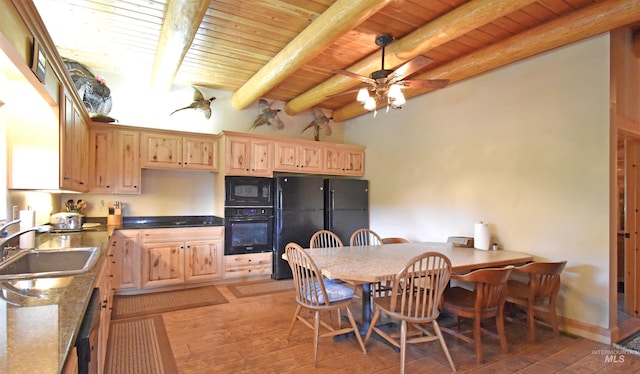 kitchen with sink, beamed ceiling, dark hardwood / wood-style floors, black appliances, and wood ceiling